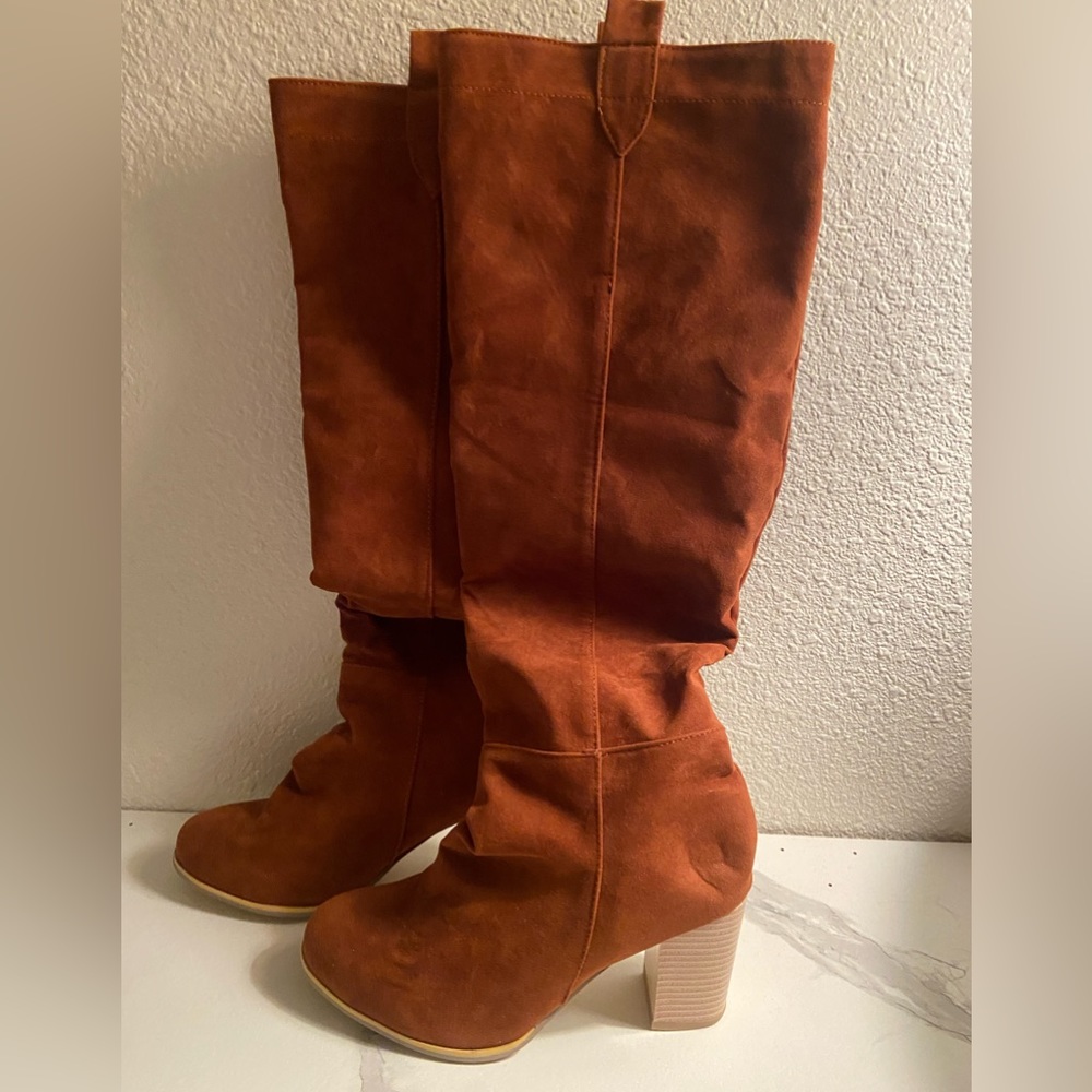 Faux suede chunky heel tall boot. Size 7.